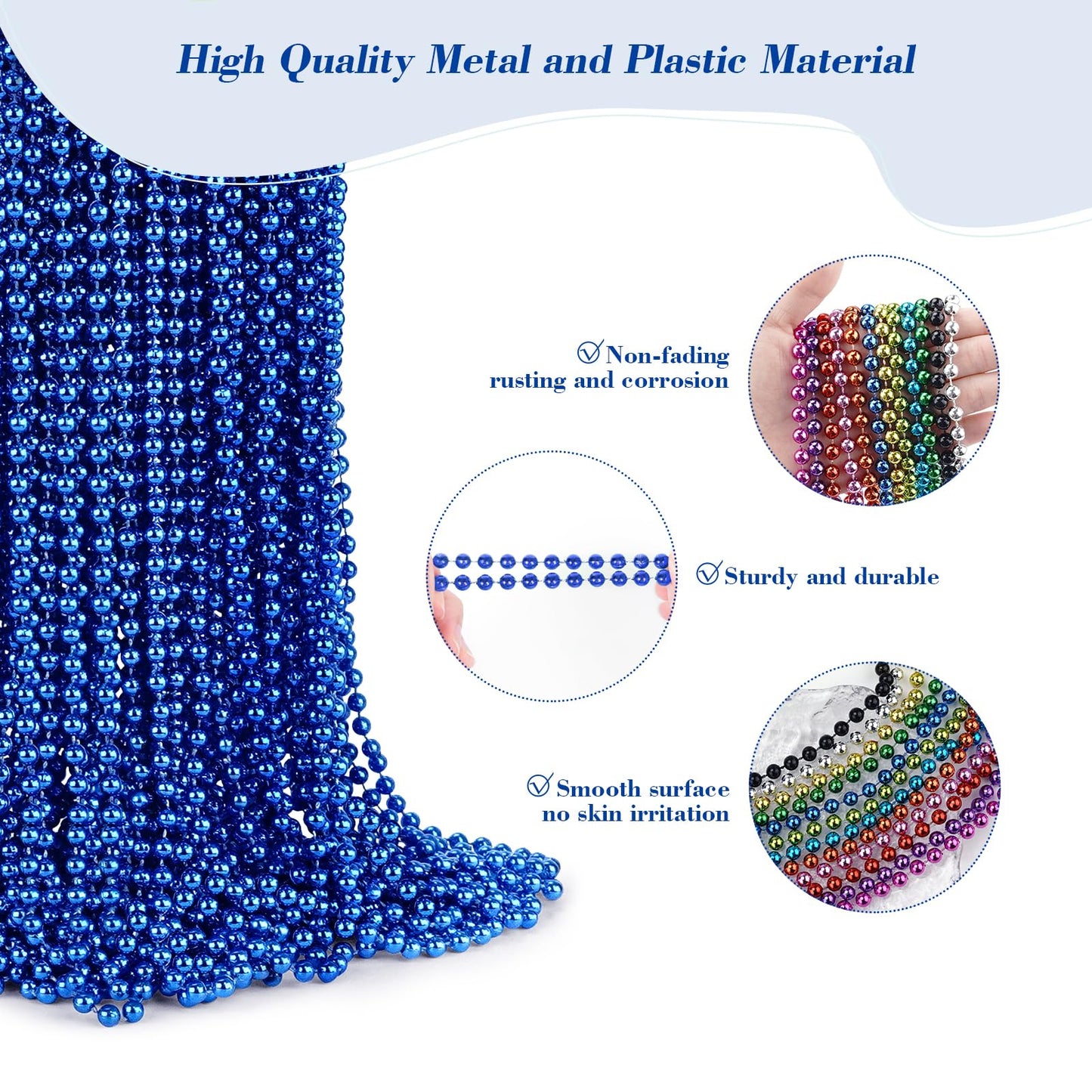SHAOQINLIN 144 Pcs Blue Mardi Gras Beads, 33'' 7 mm Metallic Blue Bead Necklaces 4th of July Beads Necklaces Bulk Party Beads fo