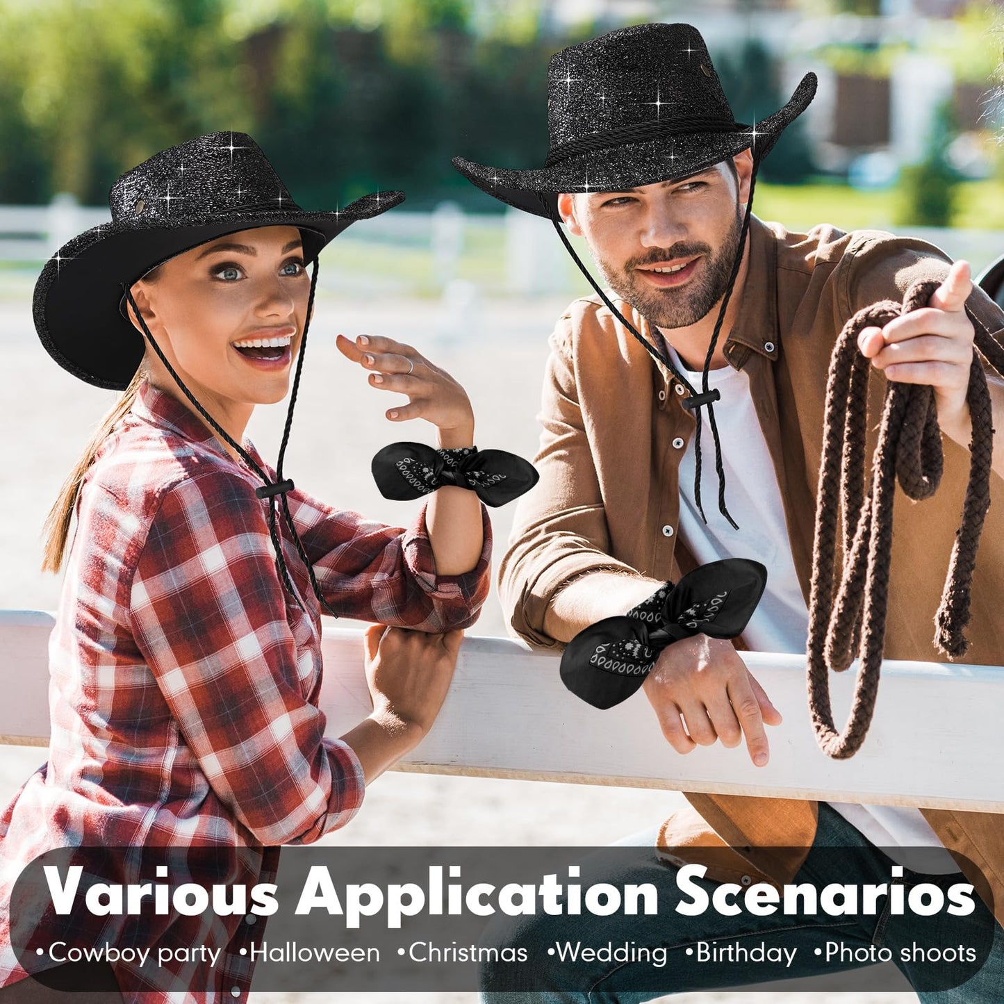 Zhanmai 12 Pcs Cowboy Hat and Bandana Cowboy Cowgirl Hats Bulk Western Party Costume Halloween Accessory(Black,Sparkly Polyester