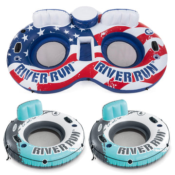 Intex Inflatable Tubes Bundled With American Flag Double Float And Set Of 2 River Run Single Water Tube Floats With Built-In Cup Holders