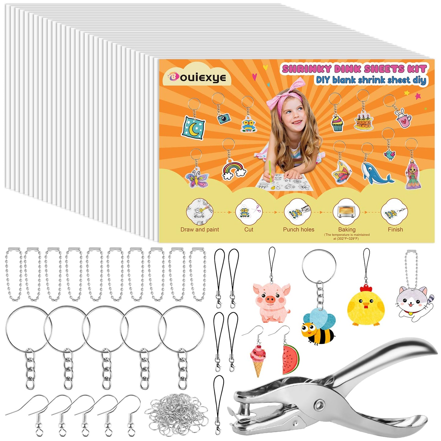 Bouiexye 146 Pcs Heat Shrink Plastic Sheet Shrinky Art Kit 20 Pcs Shrink Paper Keychain Kit for Crafts Handprint Mothers Day Ma