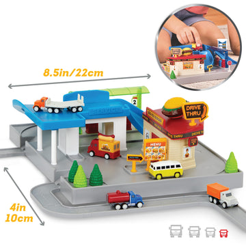 Driven By Battat - 25Pc Drive-Thru Playset - Mini Car Track Set - Food Truck, School Bus, Pick-Up, Camper Van & More - Gift Car
