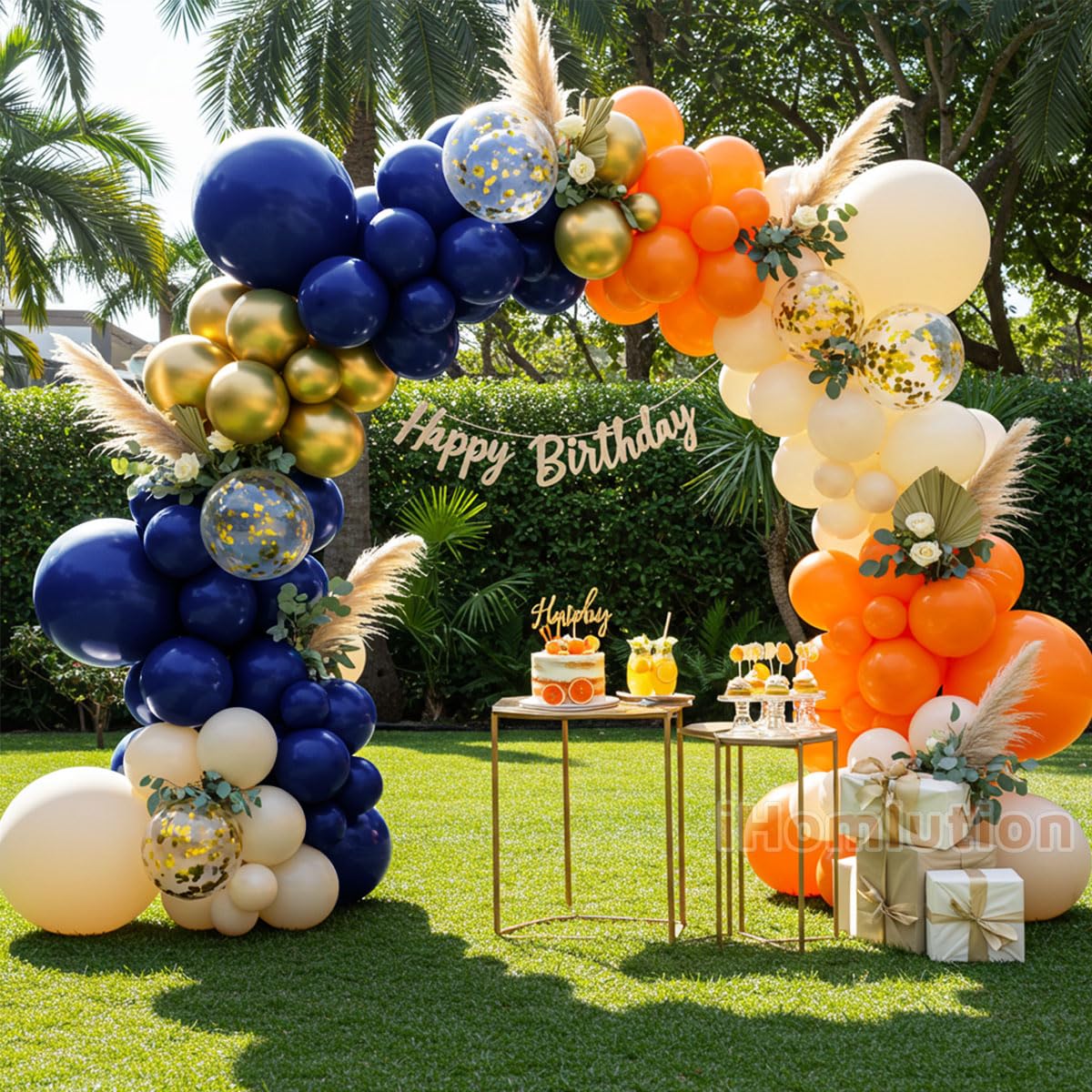 iHomlusion Blue Orange Ivory Balloon Garland Kit - Navy Double Stuffed Arch with Gold & Confetti Balloons, 18”/12”/5” Sizes