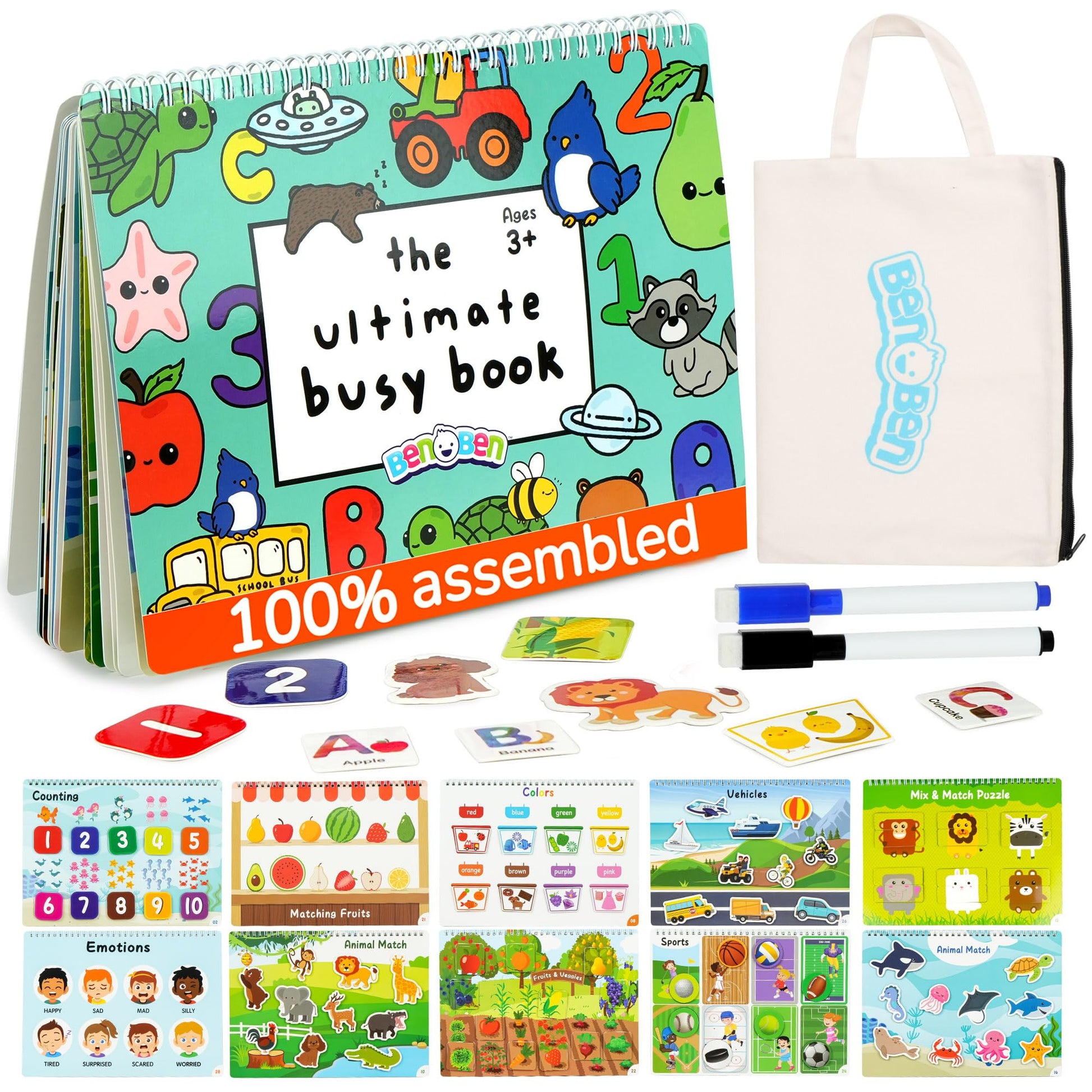 Benben Busy Book For Toddlers, 30 Pages, Pre-Assembled, Preschool Learning Activities, Montessori Toys For Ages 3 And Up, Autism Sensory Toys, Kids Educational Activity Book, Birthday Gift