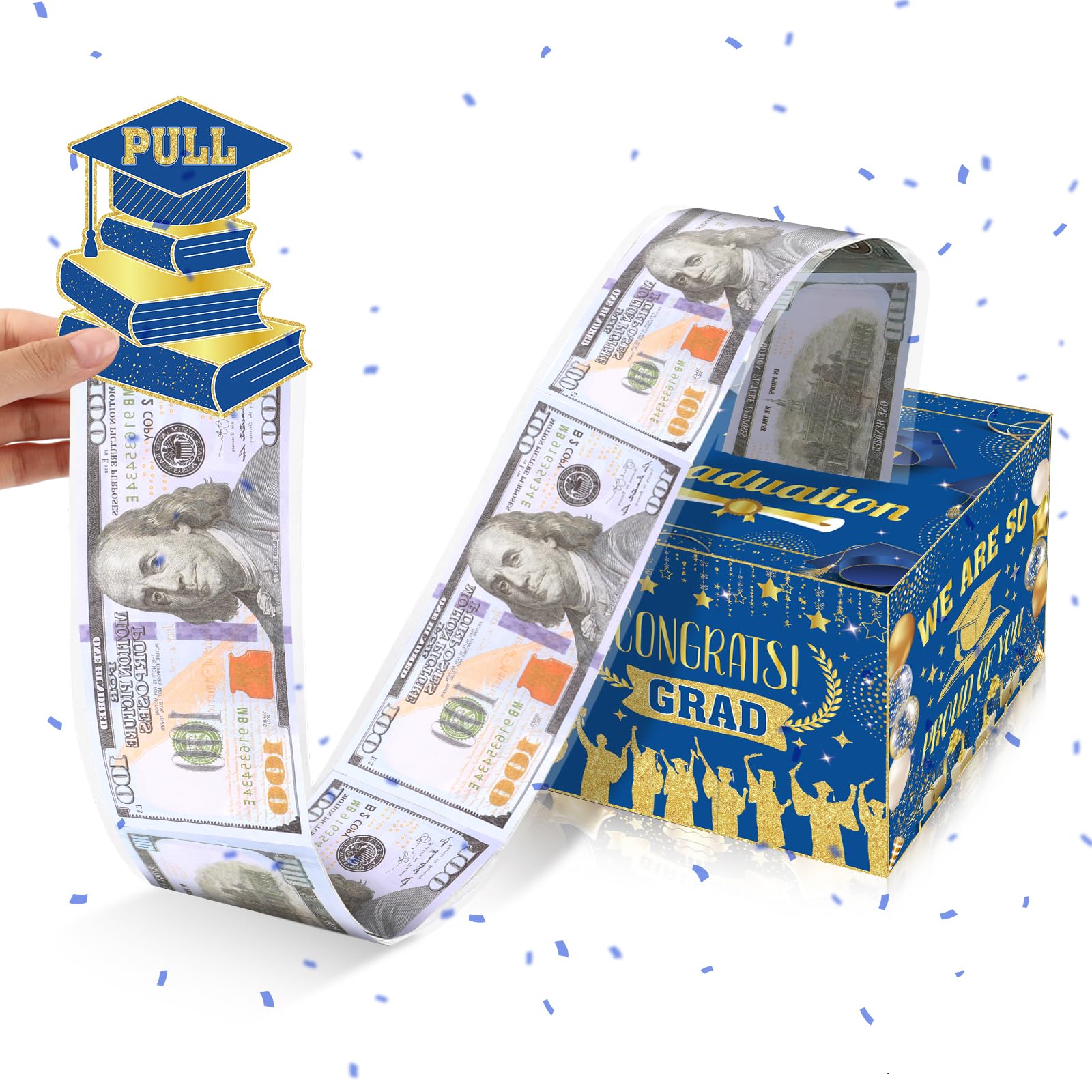 Graduation Money Box For Cash Gift Pull,Blue Gold Graduation Gifts Surprise Money Box With Pull Out Happy Graduation Congrat Gra