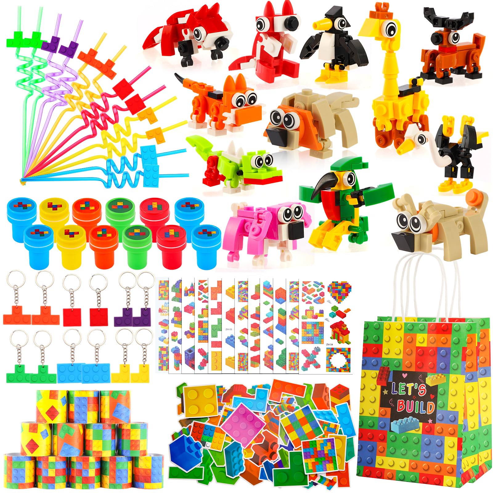 LiYiQ 134 Pcs Building Blocks Party Favors with Reusable Drinking Straws Animal Building Blocks Slap Bracelets Keychains Stamps 