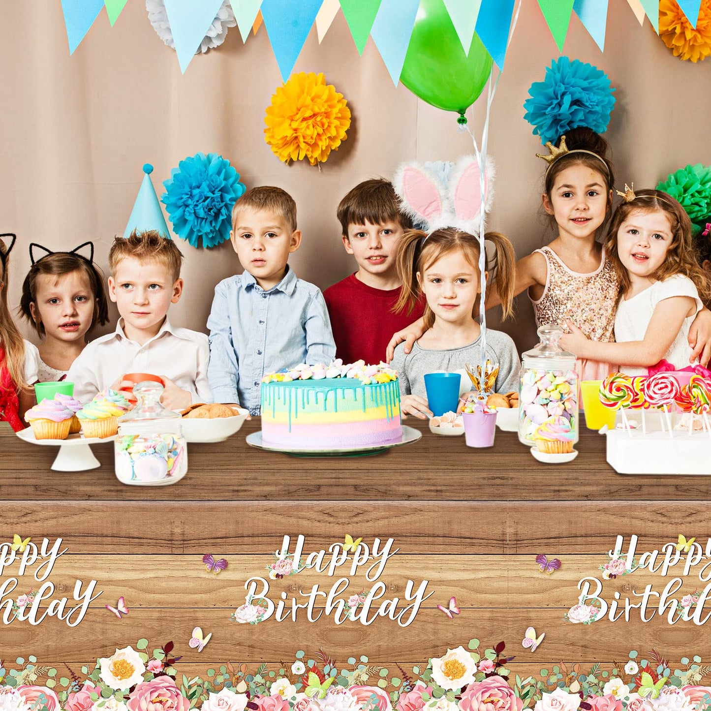 Floral Happy Birthday Tablecloths Cute Butterfly Wood Grain Table Cover Flower Birthday Disposable Tablecover Butterfly Floral P