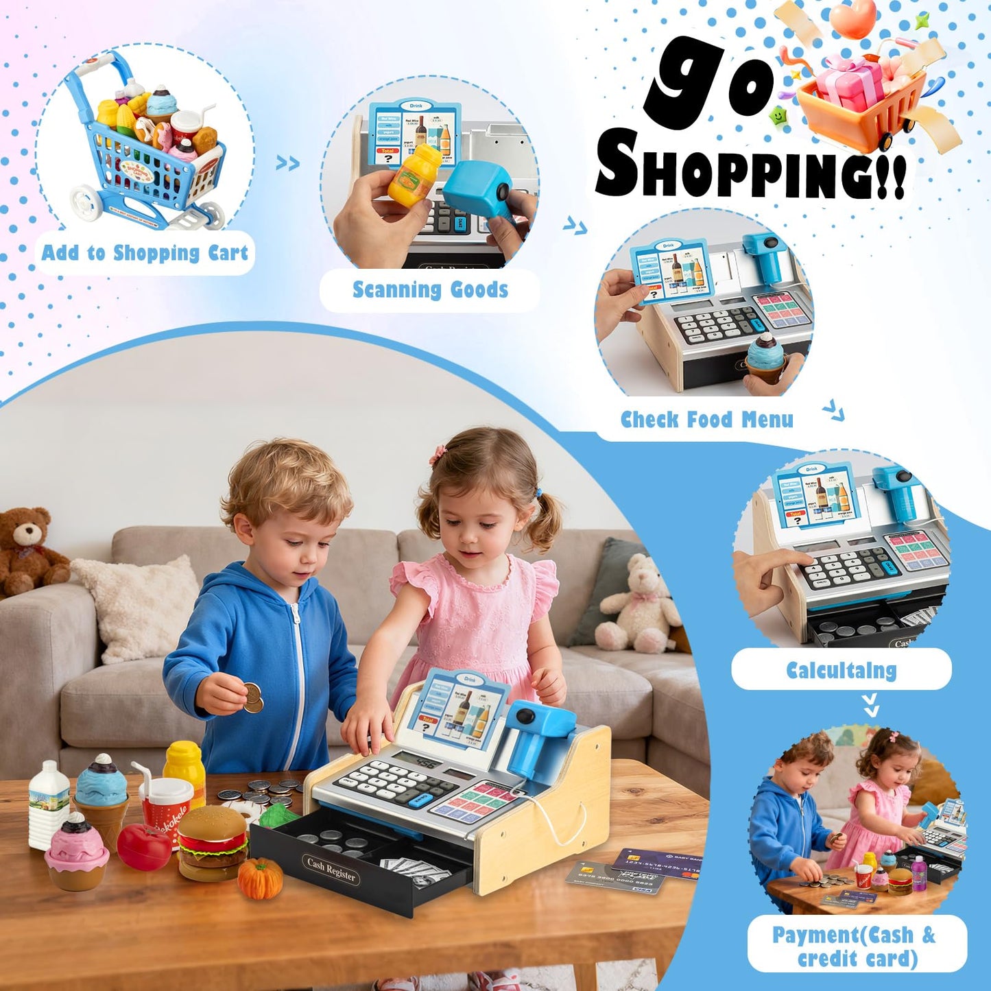 VROGTIK Wooden Cash Register for Kids, Rechargeable Toy with Scanner, Child-Size, Silver, Ages 3-12