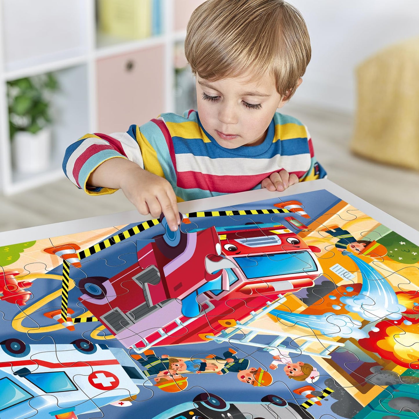 Jumbo Floor Puzzle For Kids,Fire Rescue Jigsaw Large Puzzles,48 Piece Firefighter Fireman Fire Truck Puzzle For Toddler Ages 3-5,Children Learning Preschool Educational Toys,Gift For 4-8 Years Old