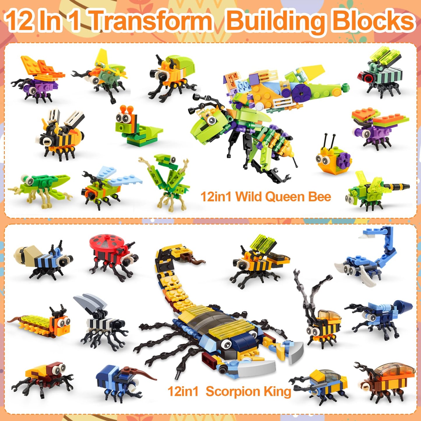 iGeeKid 24 Pack Prefilled Easter Eggs with Stem Building Toys for Boys Easter Basket Essential 12 in 1 Insect Themed Building Bl