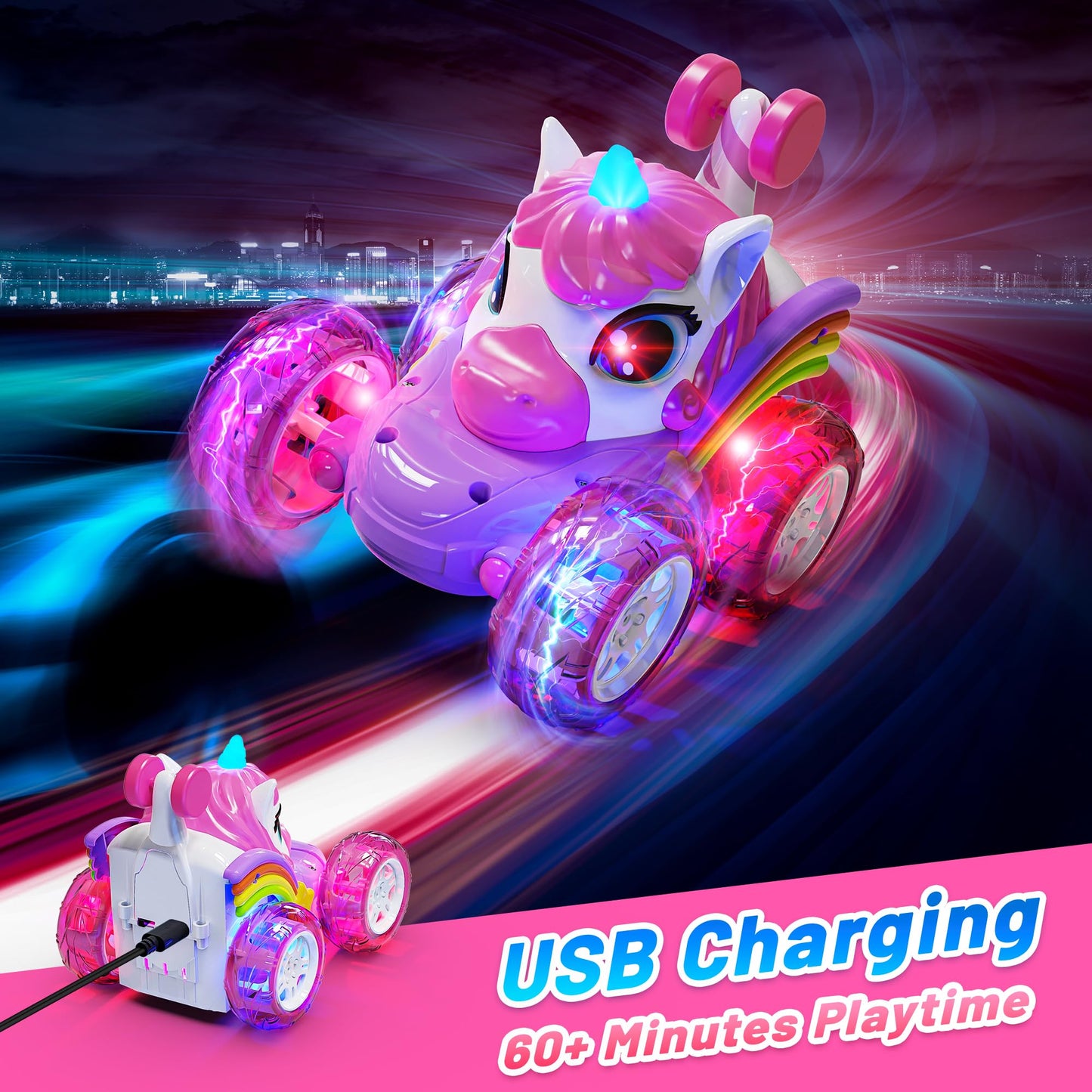 Carsky Remote Control Car RC Stunt Cars for Girl 360Stunt Rotation 4WD Remote Cars for Kids 3-6 Double Sided RC Car with LED Lig