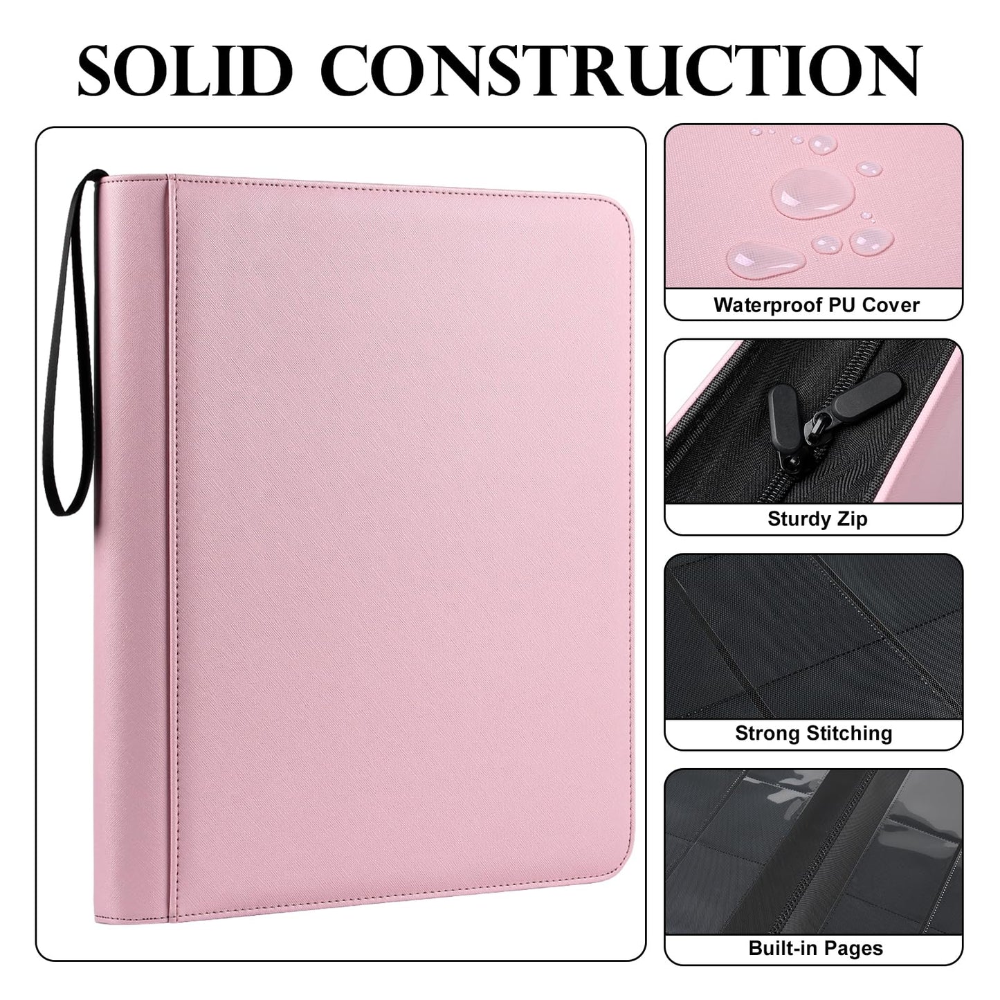 GEAoffice 9 Pockets Top Loader Binder Holds 324 Cards  enhanced PU Leather Trading Card Binder for Toploader  Side Loading Zipper Card Binder Top Loader for 3?4 Rigid  MTG  TCG  Waterproof  Pink