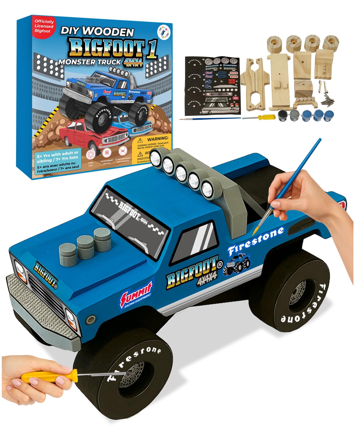 DIY Bigfoot 1 Monster Truck Wooden Kit w/Stickers & Paint (Large 7)- Officially Licensed Kids Building & Painting Kit - Wooden P