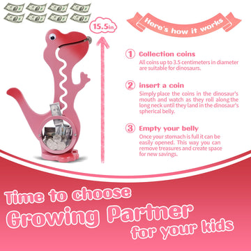 squacco Dinosaur Piggy Bank Boalord for Girls Boys Kids Big Animal Personalized Wooden Coin Bank Money Saving Box for Children mature-themed Best Toy Gift(Dino -Pink)