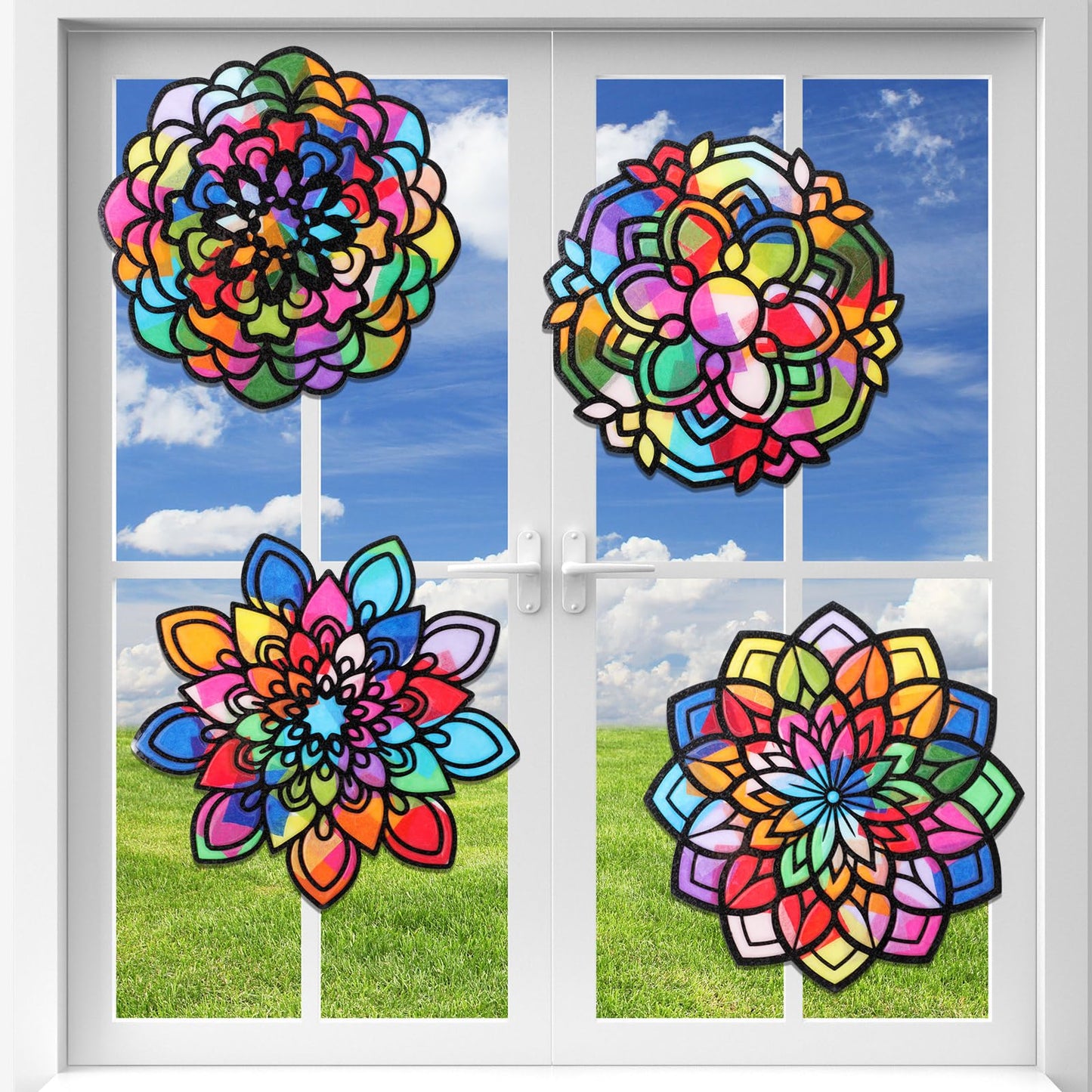 Tinlade 24 Pack Fall DIY Suncatcher Paper Crafts Stained Glass Effect Paper Suncatchers, 600 Tissue Papers, Window Art Arts and 