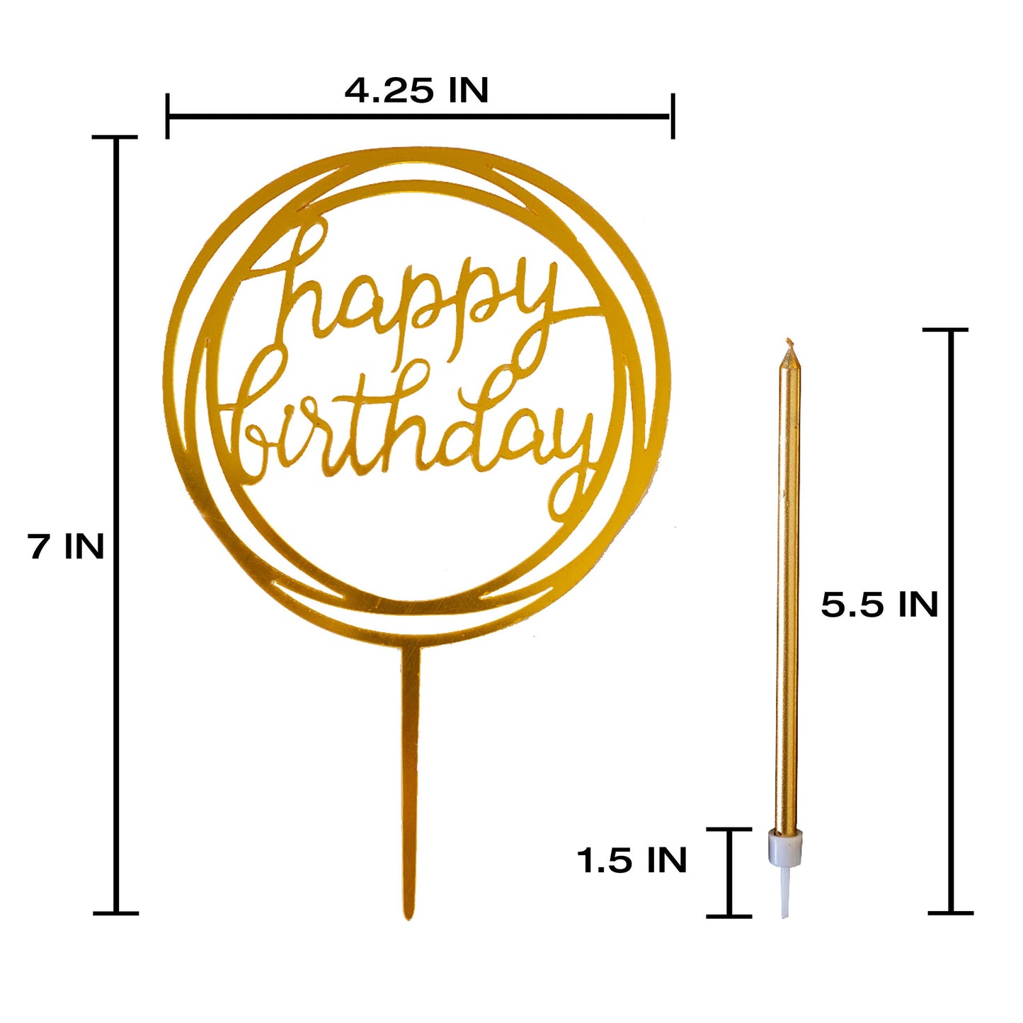 24 Count Tall Thin Metallic Gold Slow Burning Birthday Candles in Holders, and Matching Classy Cake Topper for Special Custom Bi