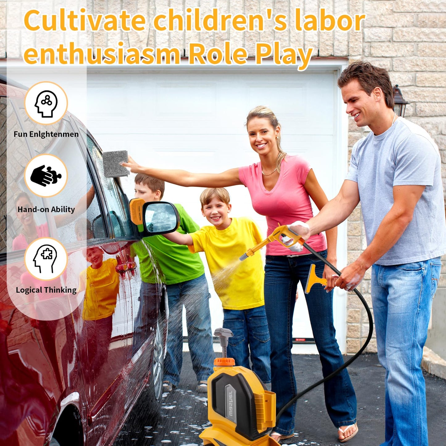 CZOALX Kids Car Wash Toy Set - Manual Pressure Washer, Sponge, Scraper, Universal Size, Yellow, Model T017, Pretend Play Gift for Ages 3+
