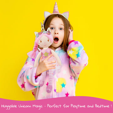 June Garden 16'' Unicorn Doll Myra - Purple Hair Plush Rag Doll For Toddler Girls - Soft Companion Gift For 2+ Years - Blue Dres