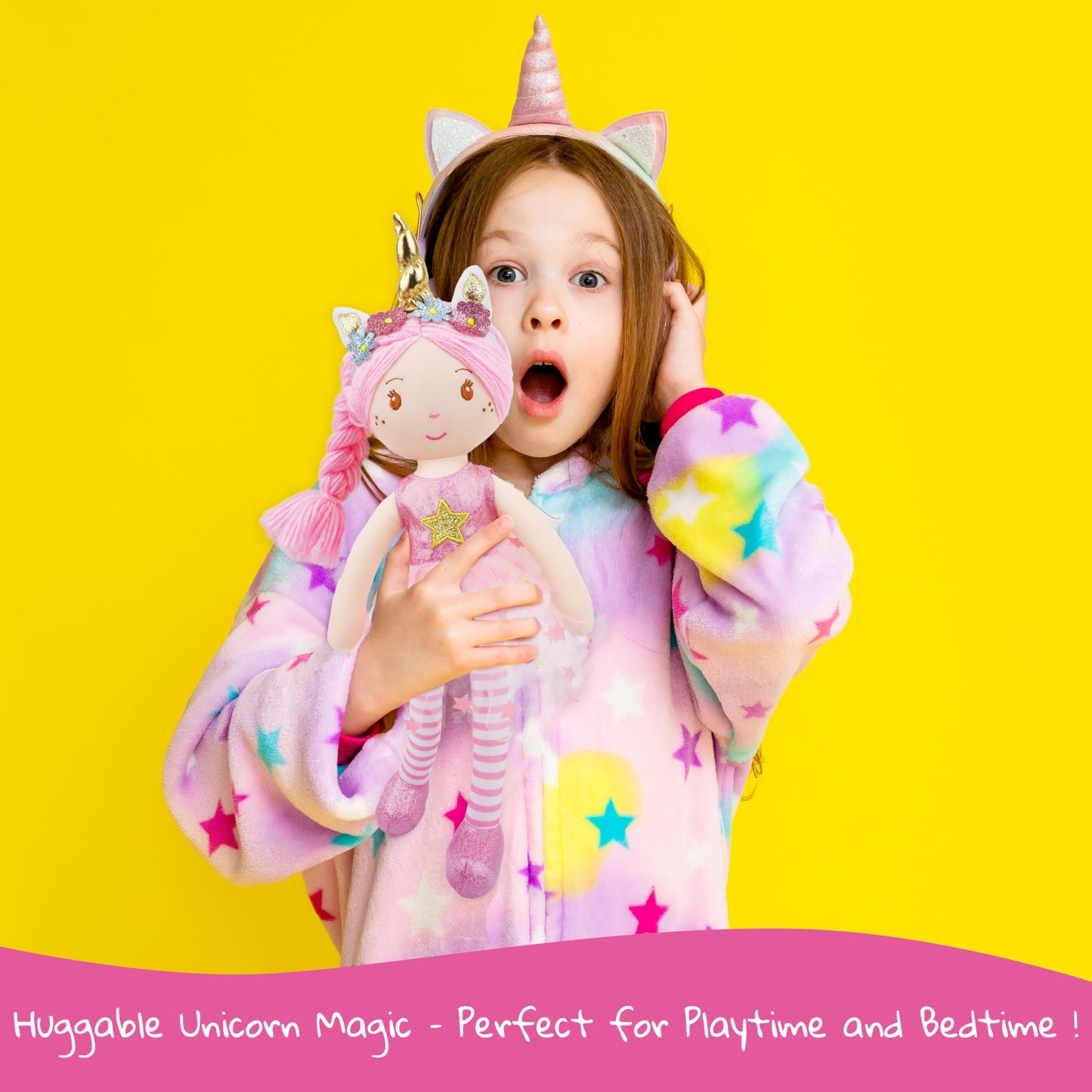 June Garden 16'' Unicorn Doll Anya - Pink Hair Plush Rag Doll for Toddler Girls - Soft Companion Gift for 2+ Years - Pink Dress