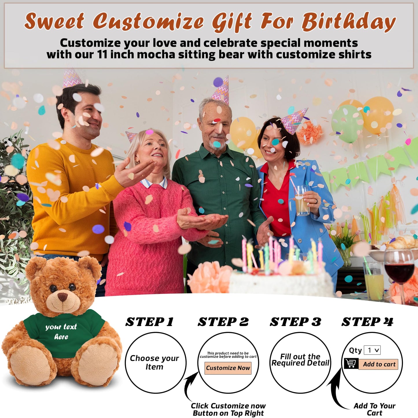 Plushland Teddy Bear 11 Inch, Stuffed Animal Personalized Gift - Great Present For Mothers Day, Valentine, Graduation, Birthday,Anniversary, Get Well,Christmas (Mocha Bear, Forest Green)