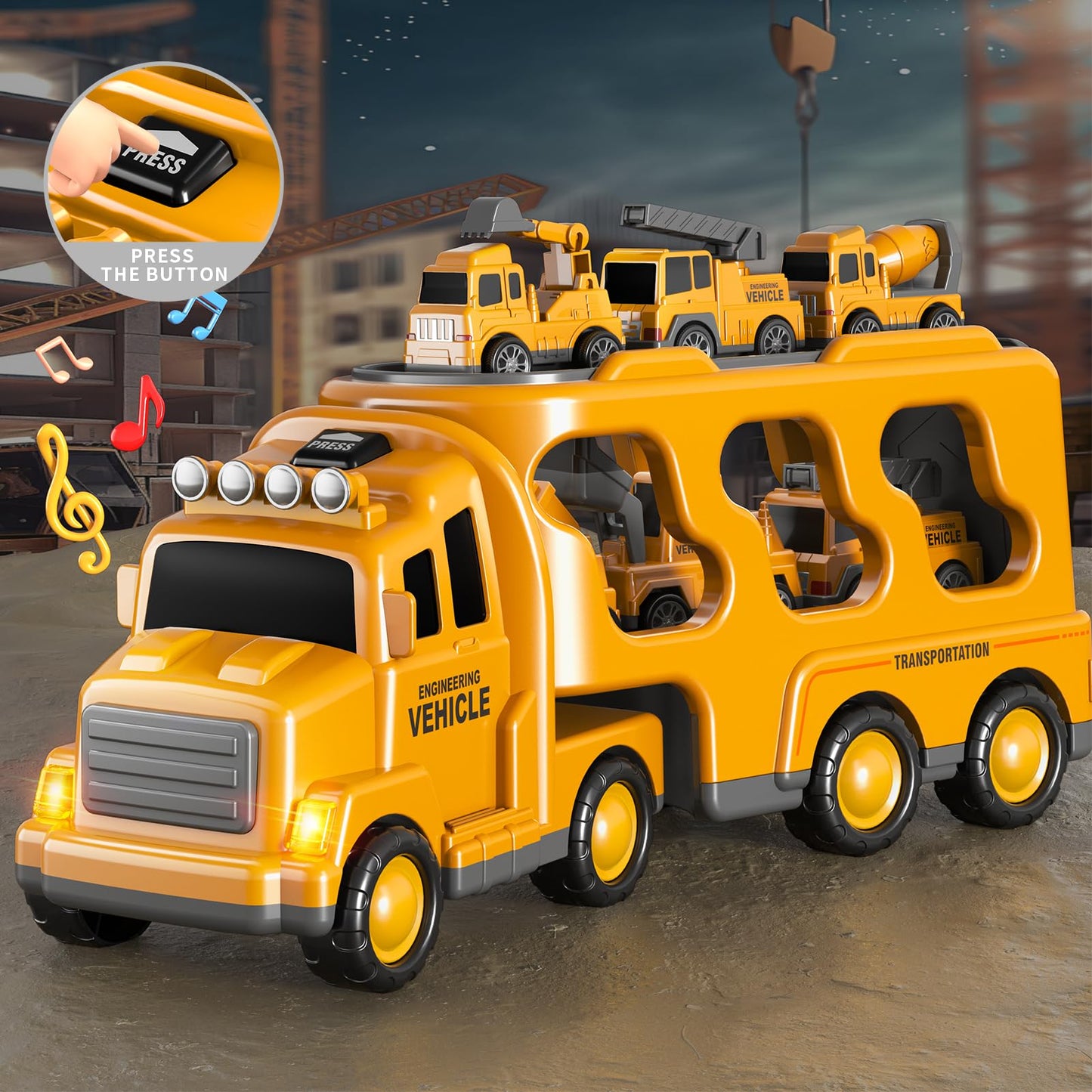 Beby Buty 8 in 1 Construction Trucks Cars Toys for Toddlers 3-5, Boy Toddler Car Truck Toys with Playmat and Light Sound, Birthd