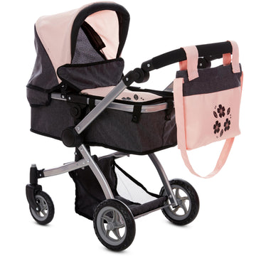 Dolls To Play Baby Doll Convertible Pram Stroller For Kids, Adjustable Handle Foldable Buggy Carriage With Canopy And Storage Ba