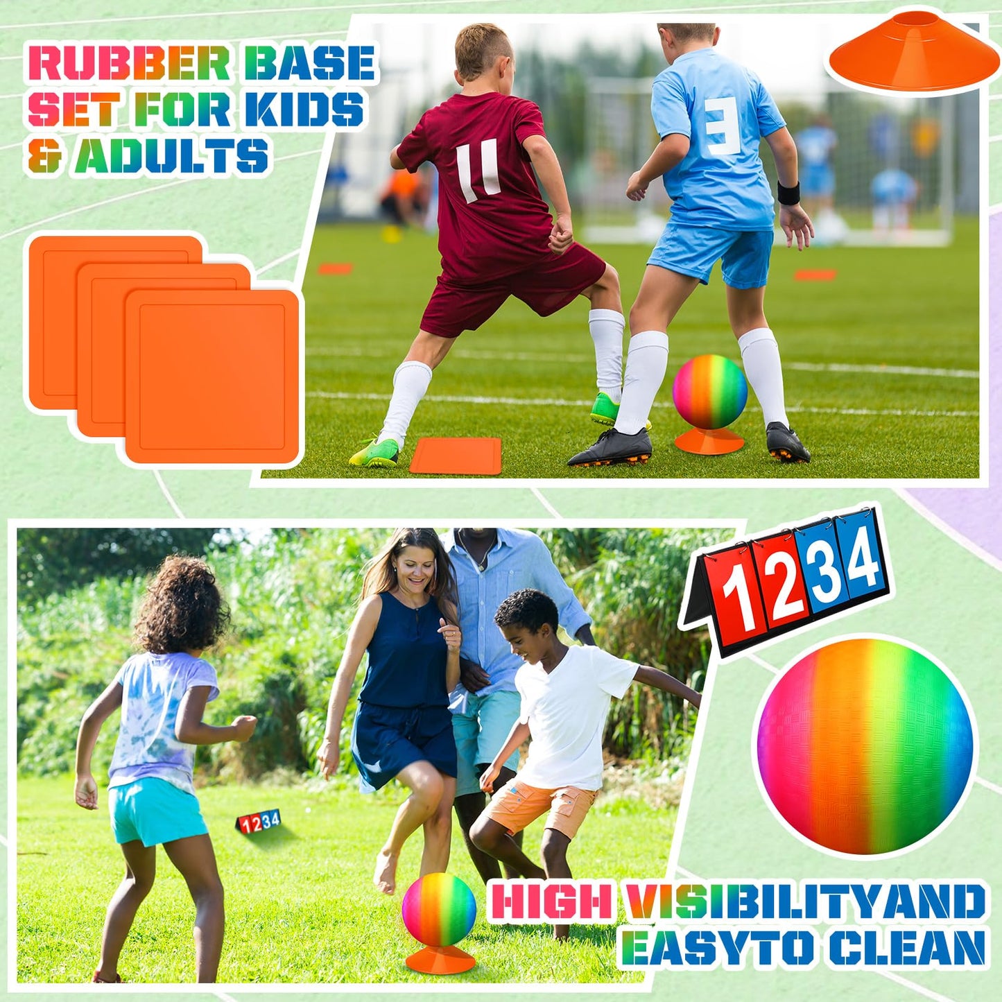 Jenaai 9 Pcs Sports Kickball Set Include 2 Pieces Kickball 5 Pieces Bases Flip Scoreboard and Pump for Boys and Girls Basketball