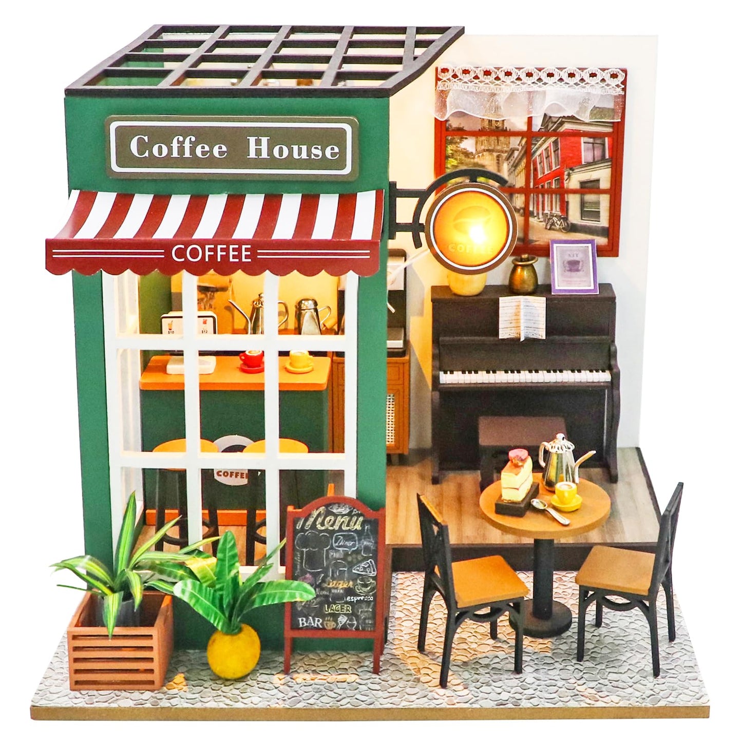 Spilay Dollhouse Miniature with Furniture DIY Wooden Crafts Doll House Mini Handmade Kit with Dust Cover and Music 1:24 Scale Creative Room Idea Gift for mature-themed (Afternoon Cafe with Dust Cover)