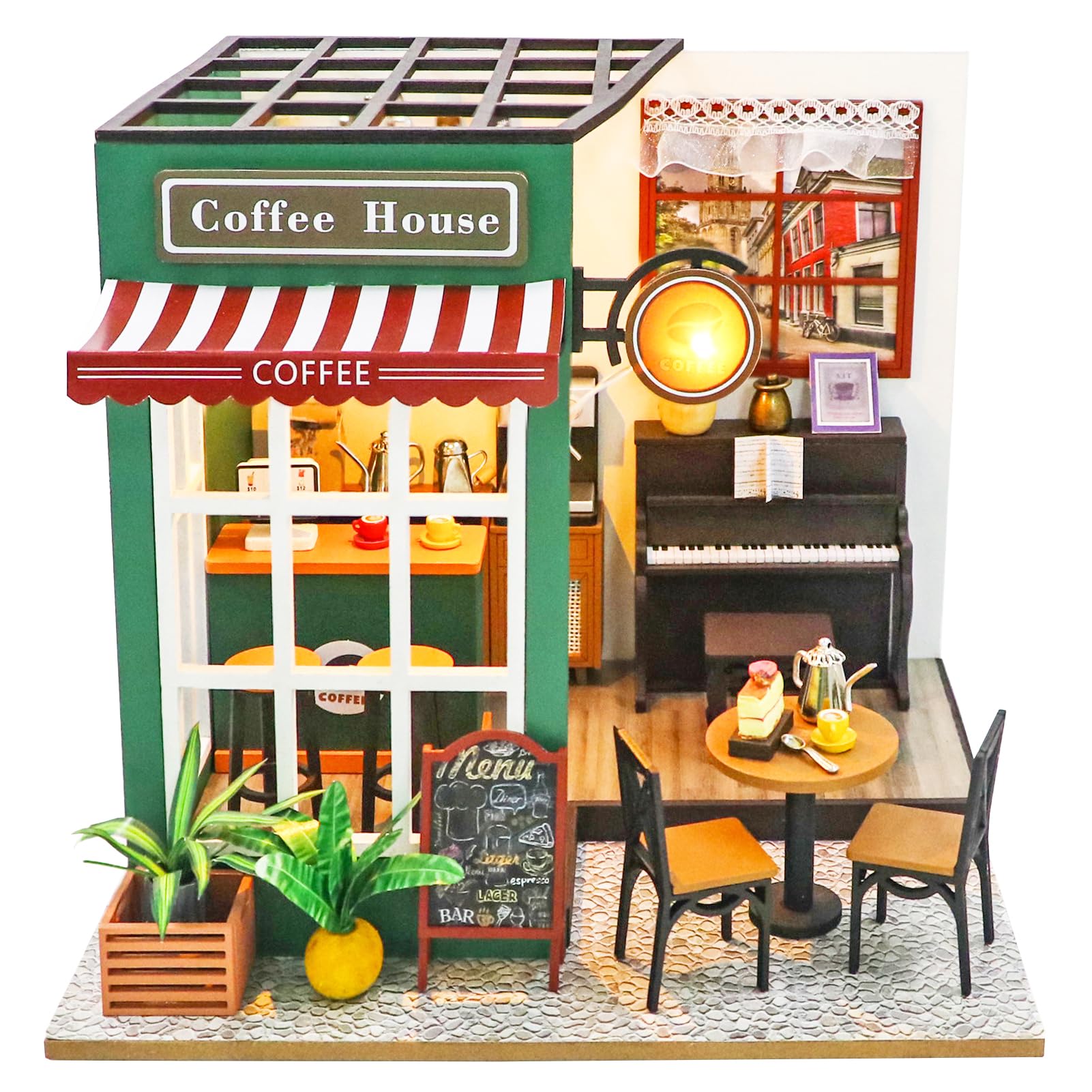 Spilay Dollhouse Miniature with Furniture DIY Wooden Crafts Doll House Mini Handmade Kit with Dust Cover and Music 1:24 Scale Creative Room Idea Gift for mature-themed (Afternoon Cafe with Dust Cover)