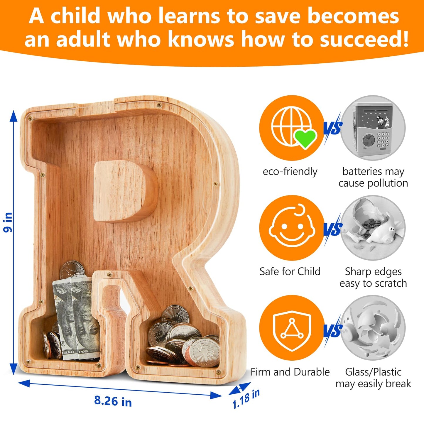 Wooden Letter Piggy Bank for Kids  Initial Coin Bank for Boys and Girls  First Name Personalized Savings Bank for Birthday Boys Girls Gift Piggy Bank for Kids (Wood  S9-R)