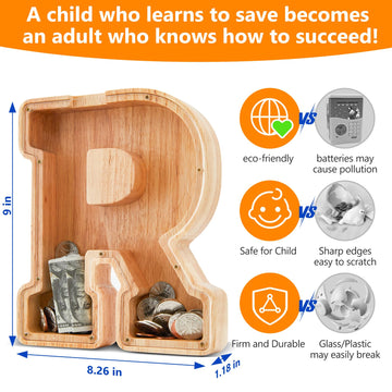Wooden Letter Piggy Bank for Kids  Initial Coin Bank for Boys and Girls  First Name Personalized Savings Bank for Birthday Boys Girls Gift Piggy Bank for Kids (Wood  S9-R)