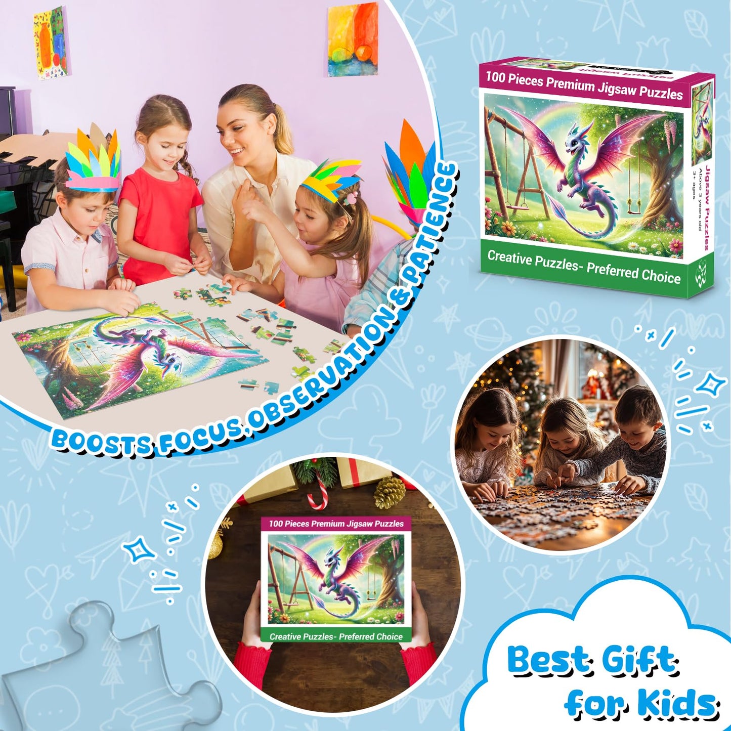 100 Piece Puzzles Raibow Dinosaur Puzzle for Kids Ages 4-8 8-10, 100 Piece Jigsaw Puzzle for Adults Toddler Children Learning Ed