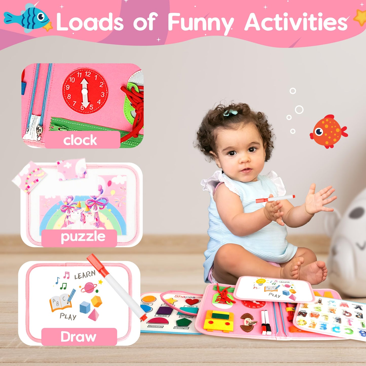 Bellochiddo 8 In 1 Montessori Busy Board, Toddler Busy Board With Preschool Educational Activities Learning Fine Motor Skills, Sensory Toys For Toddlers 1-3,Travel Toys Gifts For Girls Boys 1 2, Pink