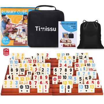 Timissu Rummy Cube 6-8 Players with 8 Wooden Racks 214 Large Number Rummy Tiles Travel Size Rummy Cube Game with Case 8 Players Travel Game Set for Fun Family Board Games