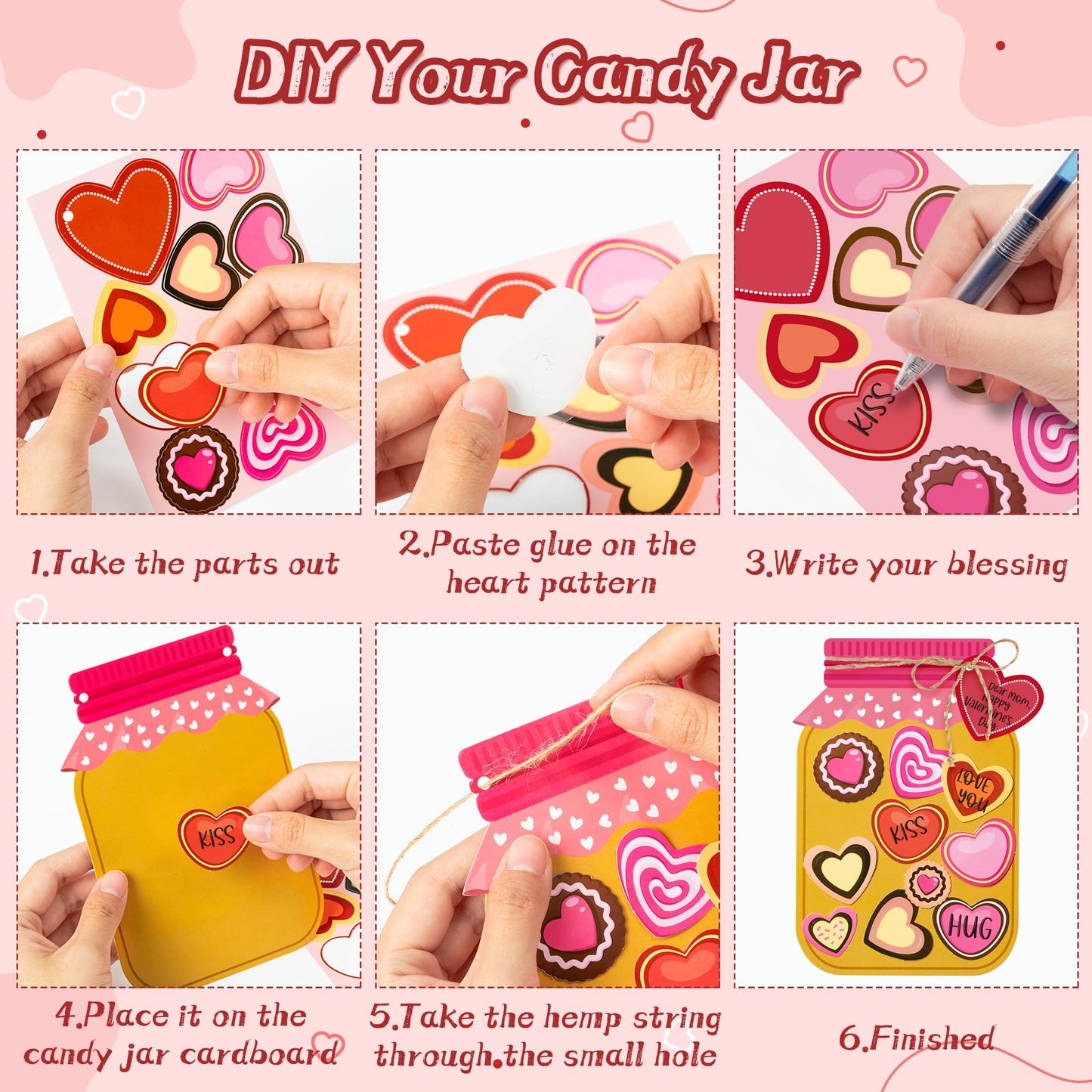 WATINC 30PCS Valentine Love Candy Jar Craft Kit, Make Your Own Valentines Day Candy Jar, DIY Love Heart Candy Jar Decor Craft Su