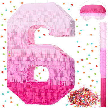 Sratte Number Piñata Pink Piñata Birthday Decorations Gradient With Stick Blindfold Confetti For Girls Boys Birthday Anniversary Party Decorations Supplies(Number 6)