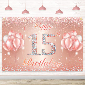 Happy 15Th Birthday Banner Backdrop - 15 Birthday Party Decorations Supplies For Girls Or Boys - Rose Gold 4 X 11Ft