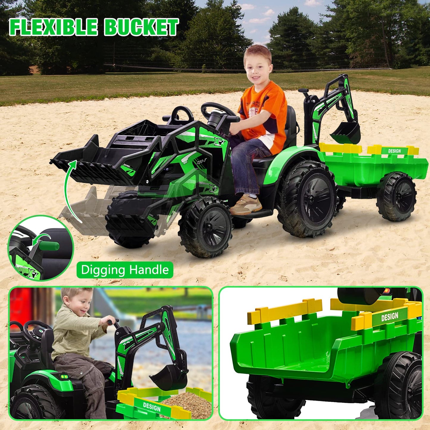 24V 3 in 1 Kids Ride on Tractor, Excavator & Bulldozer, Electric Vehicle w/Trailer, Digger, Shovel Bucket, Remote Control, EVA T