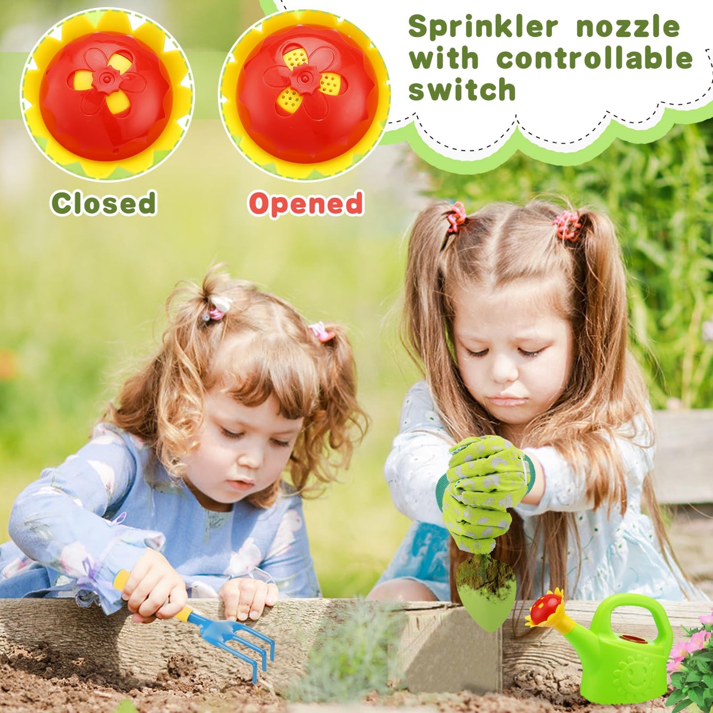 Kids Gardening Tools Set- Watering Can Toy Set With Kids Gloves, Shovel Hand Rake, Made Of Metal With Sturdy Plastic Handle- Tod