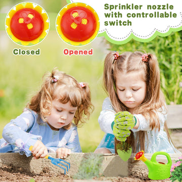 Kids Gardening Tools Set- Watering Can Toy Set With Kids Gloves, Shovel Hand Rake, Made Of Metal With Sturdy Plastic Handle- Tod