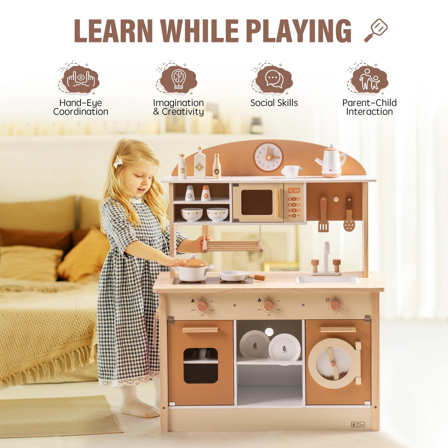 ROBUD Wooden Play Kitchen for Kids Toddlers, Kids Kitchen Playset with Realistic Accessories, Toy Kitchen Set with Plenty of Pla