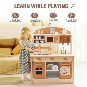 ROBUD Wooden Play Kitchen for Kids Toddlers, Kids Kitchen Playset with Realistic Accessories, Toy Kitchen Set with Plenty of Pla