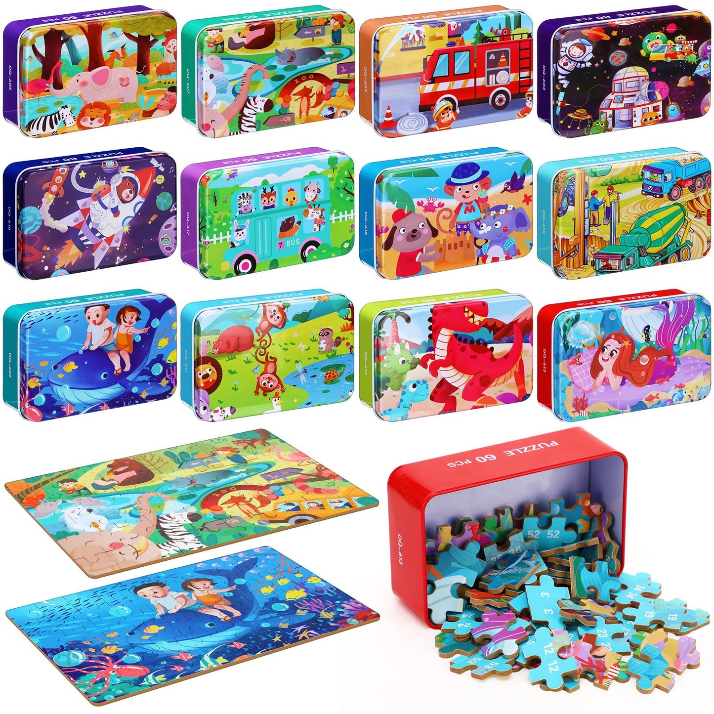 Silipull 12 Boxes Party Favors Jigsaw Puzzles in a Metal Box for Age of 4-8, Wooden Puzzle for Ages 4-8 Learning Educational Jig