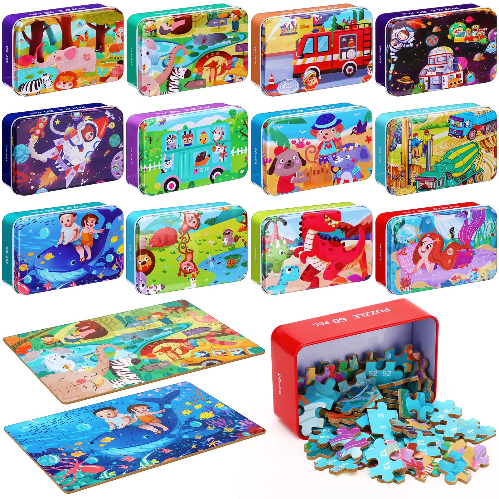 Silipull 12 Boxes Party Favors Jigsaw Puzzles in a Metal Box for Age of 4-8, Wooden Puzzle for Ages 4-8 Learning Educational Jig
