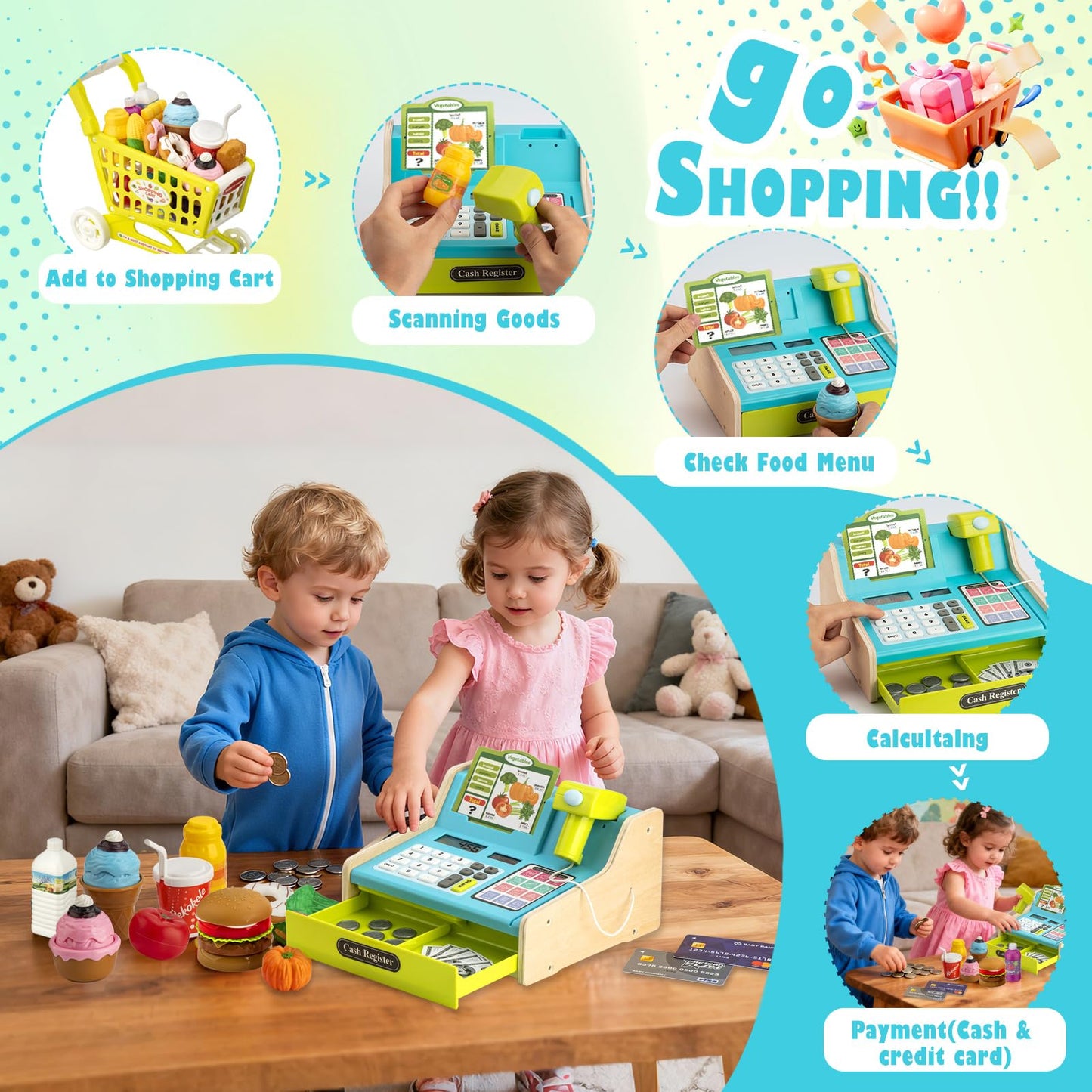 VROGTIK Wooden Cash Register for Kids, Rechargeable, Blue, Child-Size, Includes Shopping Cart and Scanner, Ages 3-12