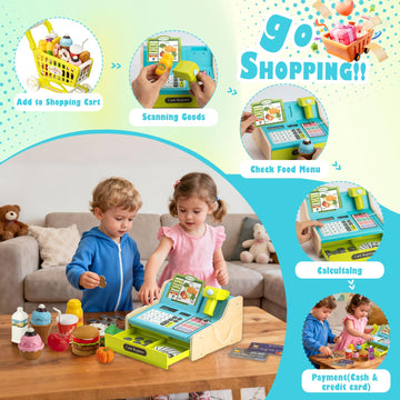 VROGTIK Wooden Cash Register for Kids, Rechargeable, Blue, Child-Size, Includes Shopping Cart and Scanner, Ages 3-12