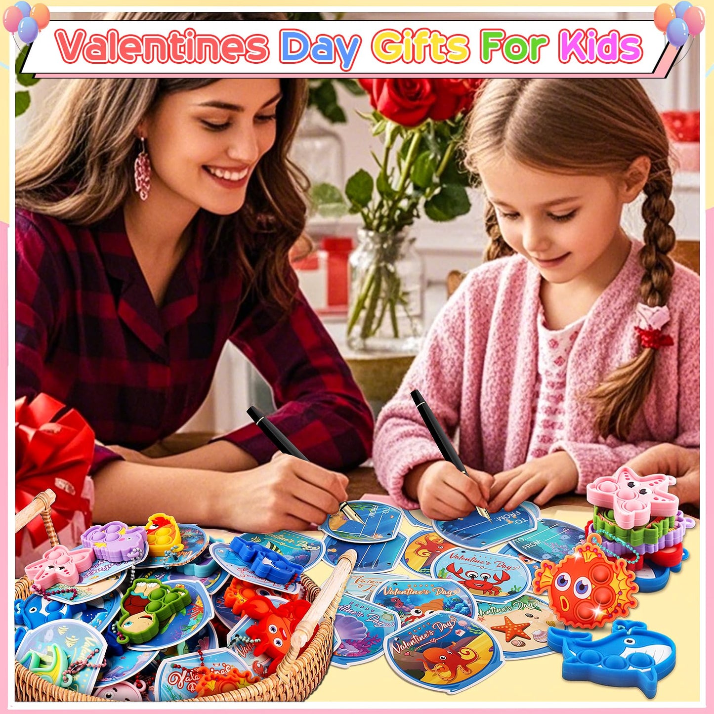 32 Pcs Valentines Day Gifts For Kids,Valentines Cards For Kids Classroom With Sea Animal Pop Fidget Toys,Valentines Exchange Gif