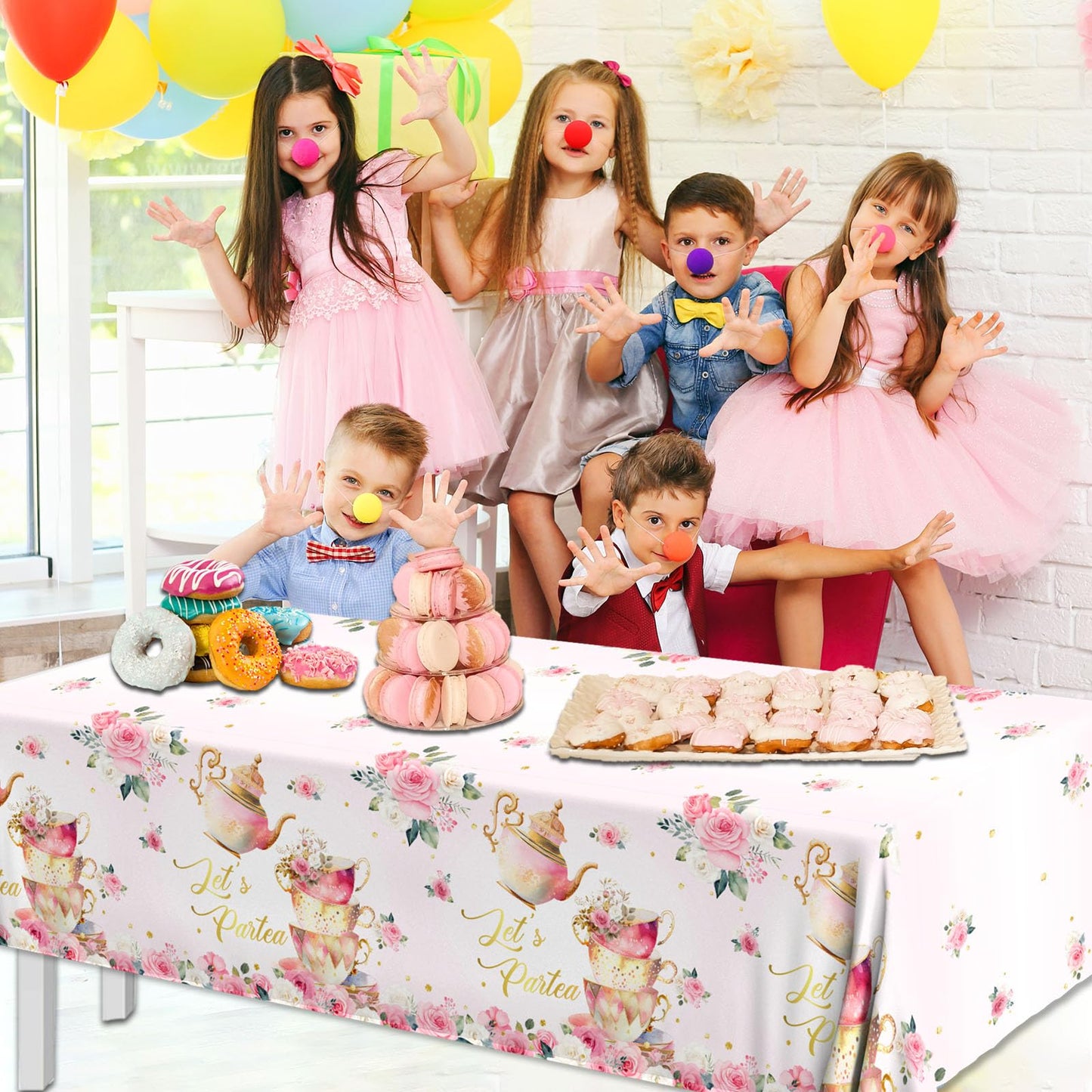 Dydamud Pink Floral Tea Party Tablecloth,Girls Tea Party Birthday Supplies 3Pcs Lets Partea Spring Disposable Table Cover For Pa