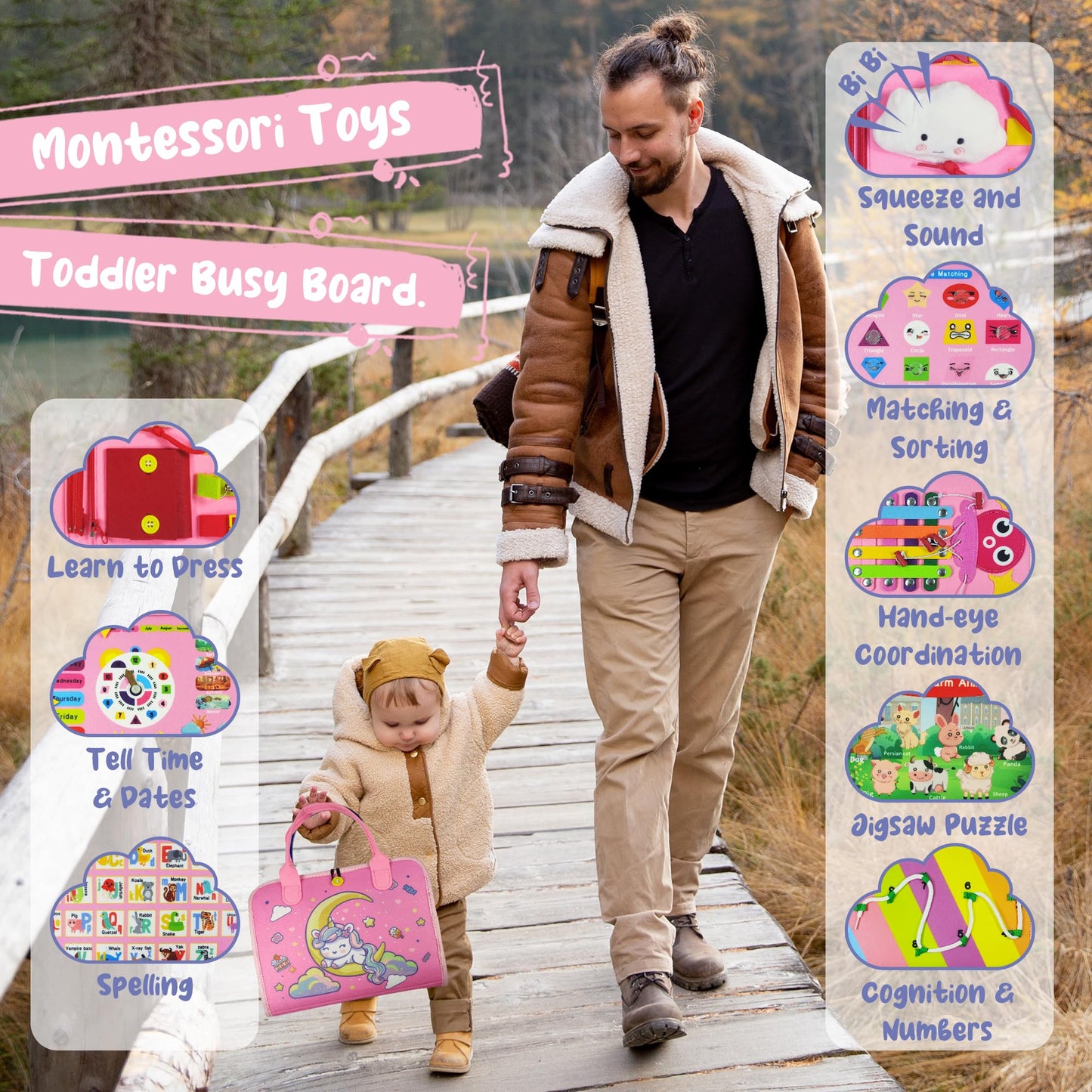Tenfans Busy Board - Montessori Toys For 1 2 3 Year Old - Sensory Toys For Toddlers 1+ - Gifts For Girls Learning Fine Motor Skills - Educational Activities Travel Toys For Car Airplane