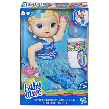 Baby Alive Shimmer ‘n Splash Mermaid Doll, Brown Hair, Plastic, Model E3693