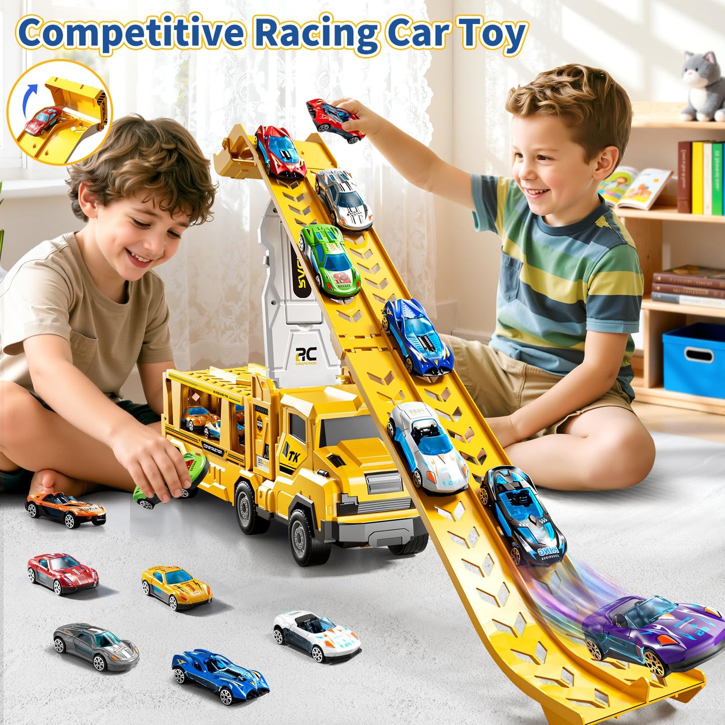 GOGIHCCH 3-in-1 Kid Carrier Truck Toy Car Tracks for Toddlers 2-4 Years Old with 12 Racing Cars Toys, Foldable Chasing Race Trac